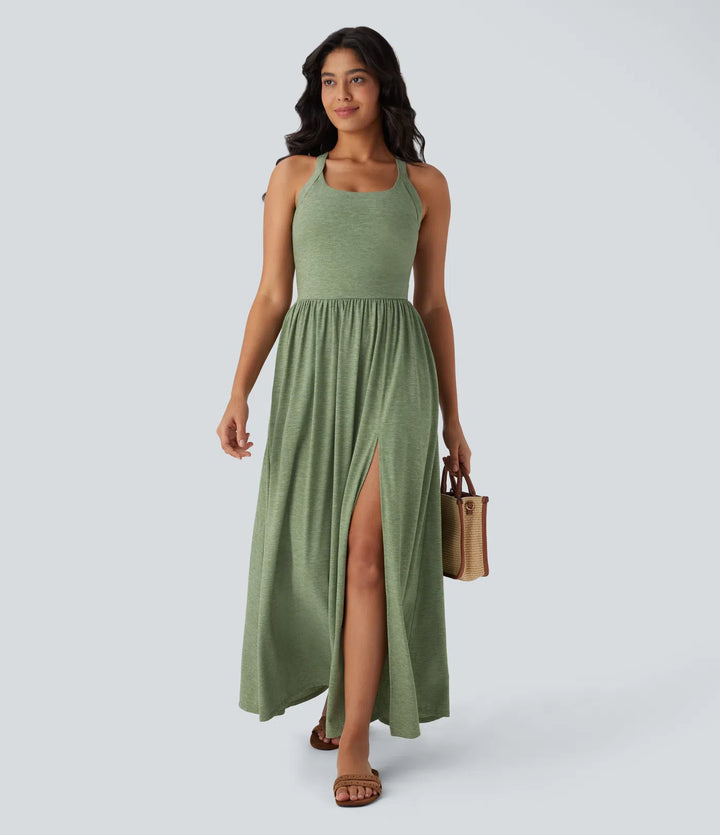 Twisted Backless Split Flowy Maxi Resort Dress with Pockets