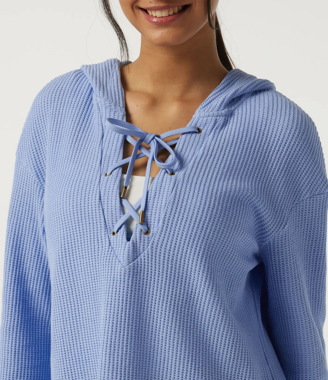 Hooded Long Sleeve Lace Up Waffle Casual Sweatshirt