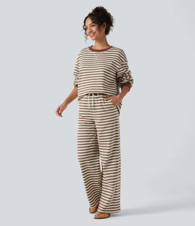 Mid Rise Drawstring Stripe Wide Leg Lounging Sweattrousers with Pockets