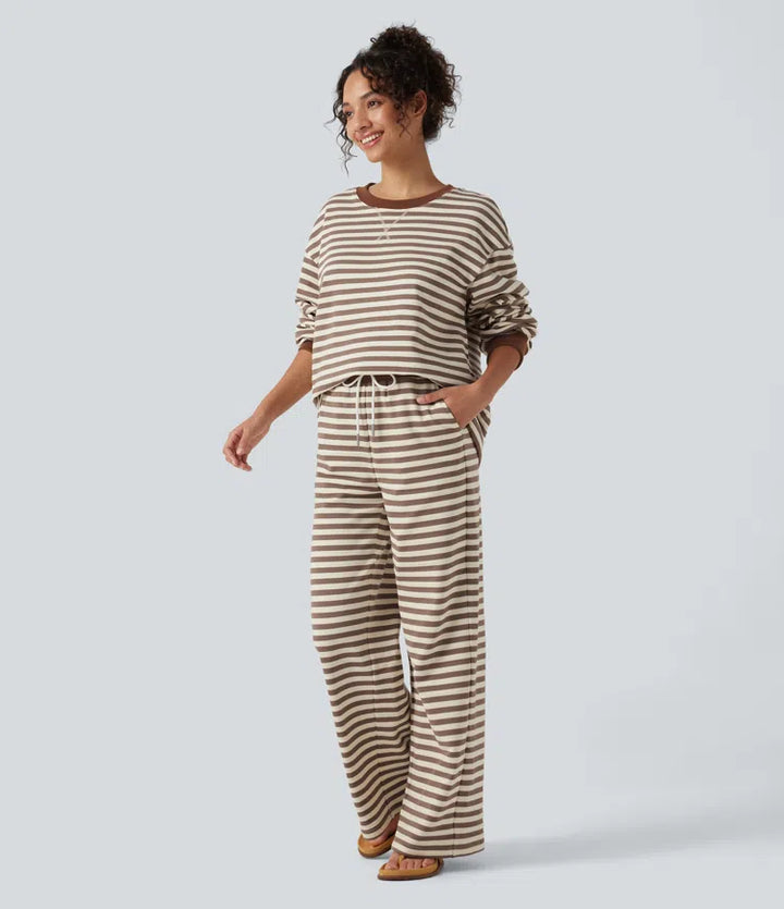 Mid Rise Drawstring Stripe Wide Leg Lounging Sweattrousers with Pockets