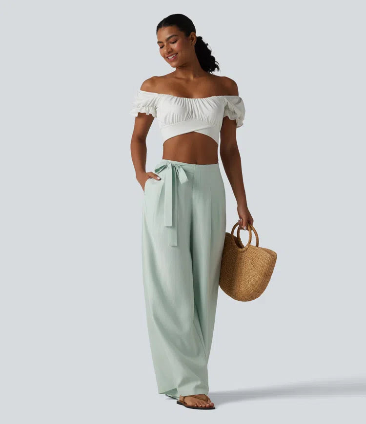 High Waisted Tie Side Baggy Linen-Blend trousers with Pockets