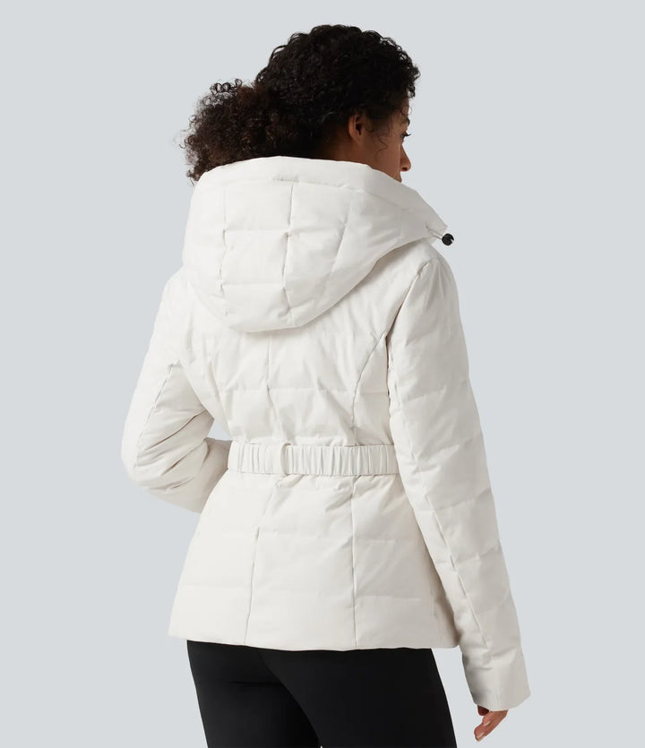 Hooded Long Sleeve Belted Work Down Jacket with Pockets