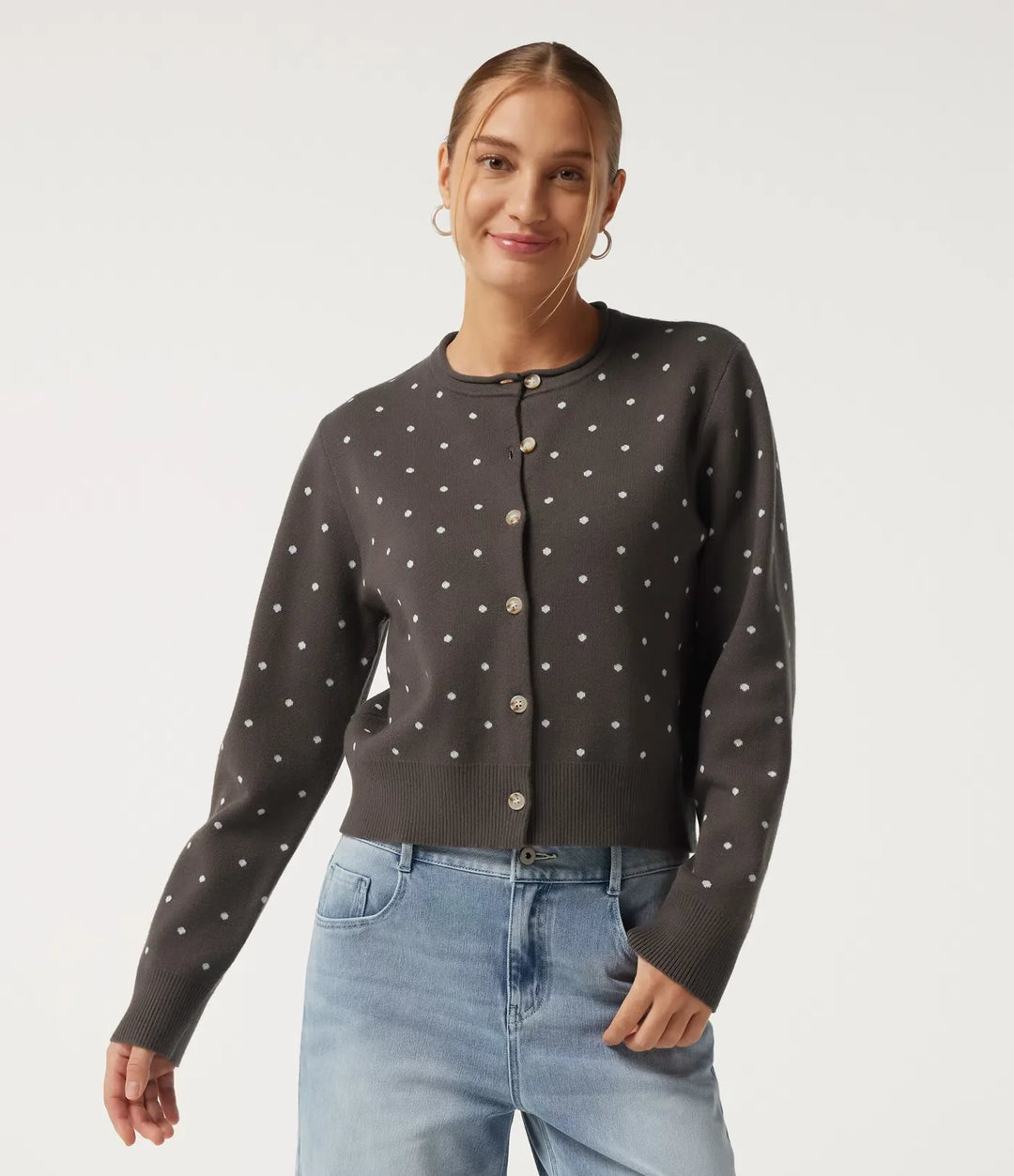 Round Neck Long Sleeve Polka Dot Casual Cardigan