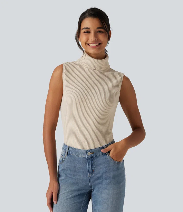 Ribbed Knit High Neck Casual Tank Top