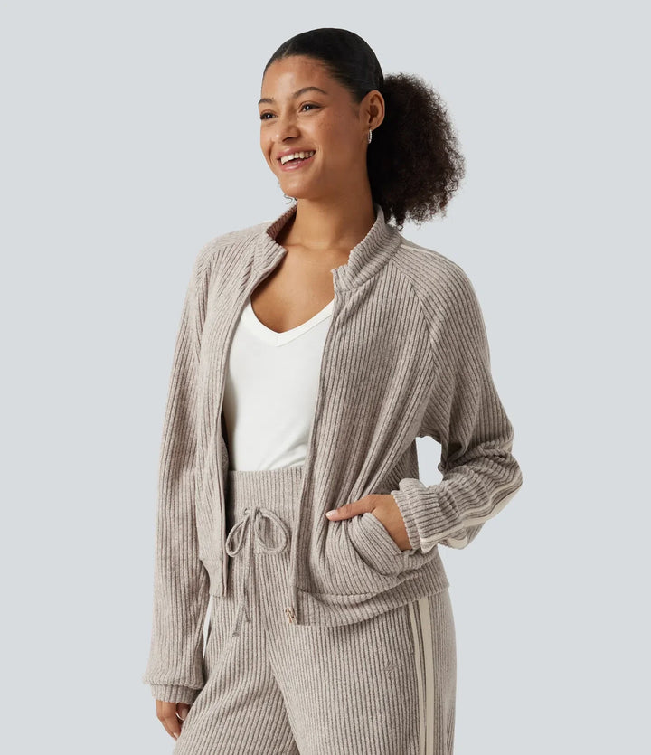 Ribbed Knit Stand Collar Side Stripe Long Sleeve Casual Track Jacket with Pockets