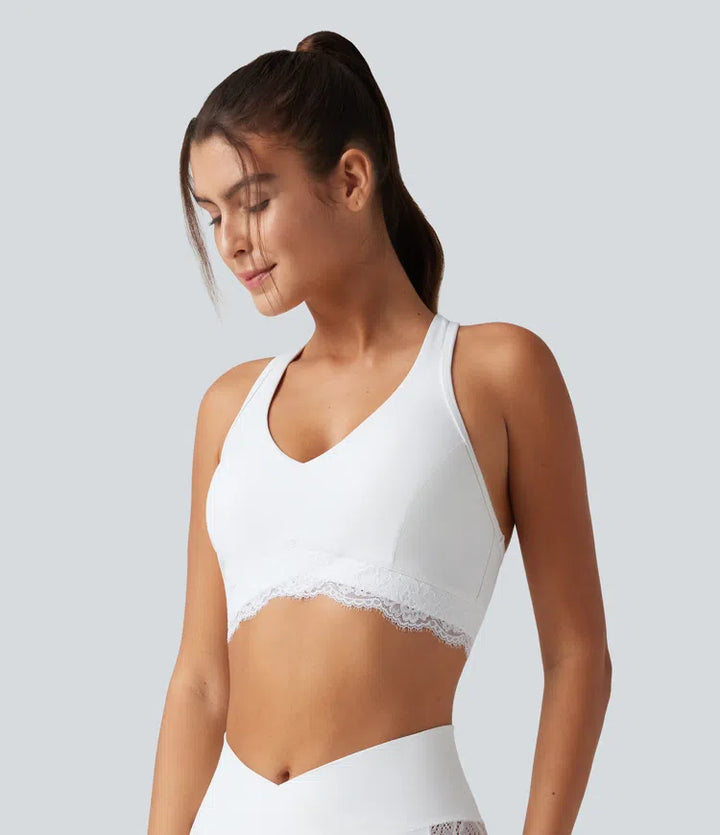 Halara UltraSculpt Low Support V Neck Built-in Bra Racerback Contrast Lace Workout Sports Bra