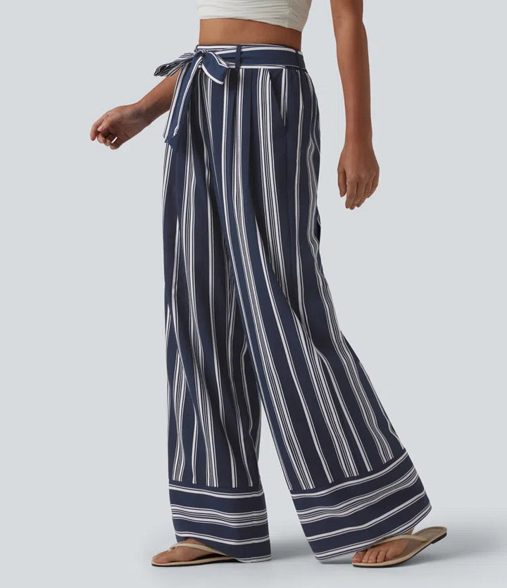 High Waisted Belted Stripes Resort Baggy Trousers with Pockets