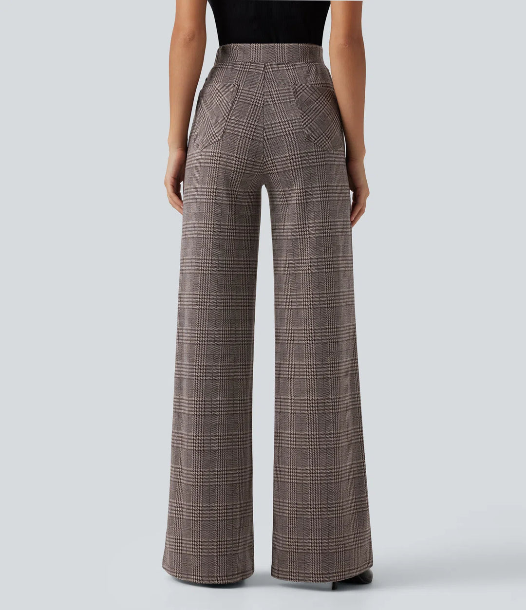 High Waisted Wide Leg Plaid Casual Trousers with Pockets