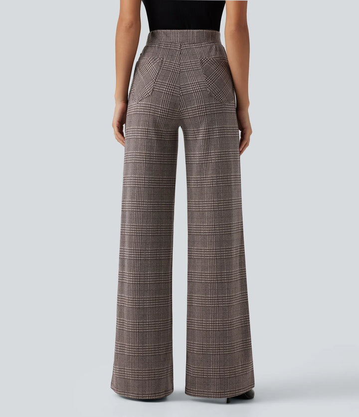 High Waisted Wide Leg Plaid Casual Trousers with Pockets
