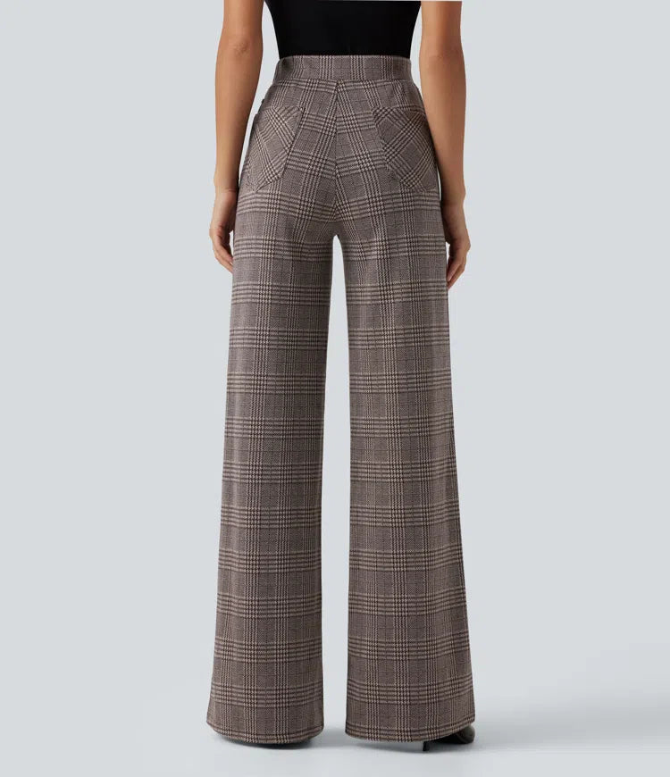 High Waisted Wide Leg Plaid Casual Trousers with Pockets