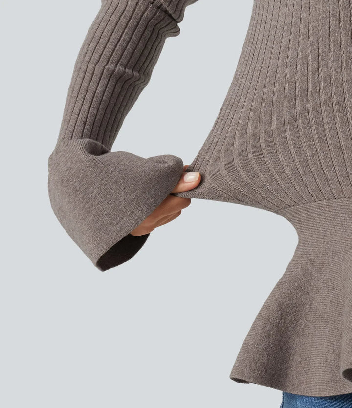 Round Neck Long Sleeve Ruffle Hem Slim Work Jumper
