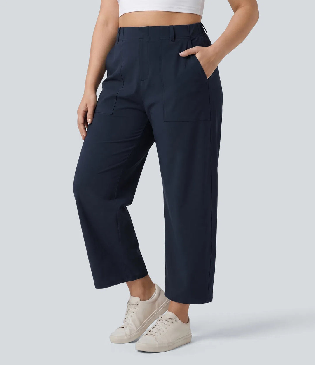 Plus Size DayStretch High Waisted Barrel Leg Casual Trousers with Pockets