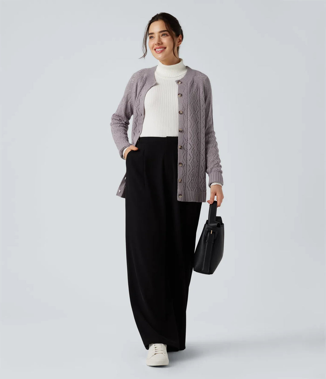 Round Neck Long Sleeve Button Fly Hollow Out Casual Cardigan