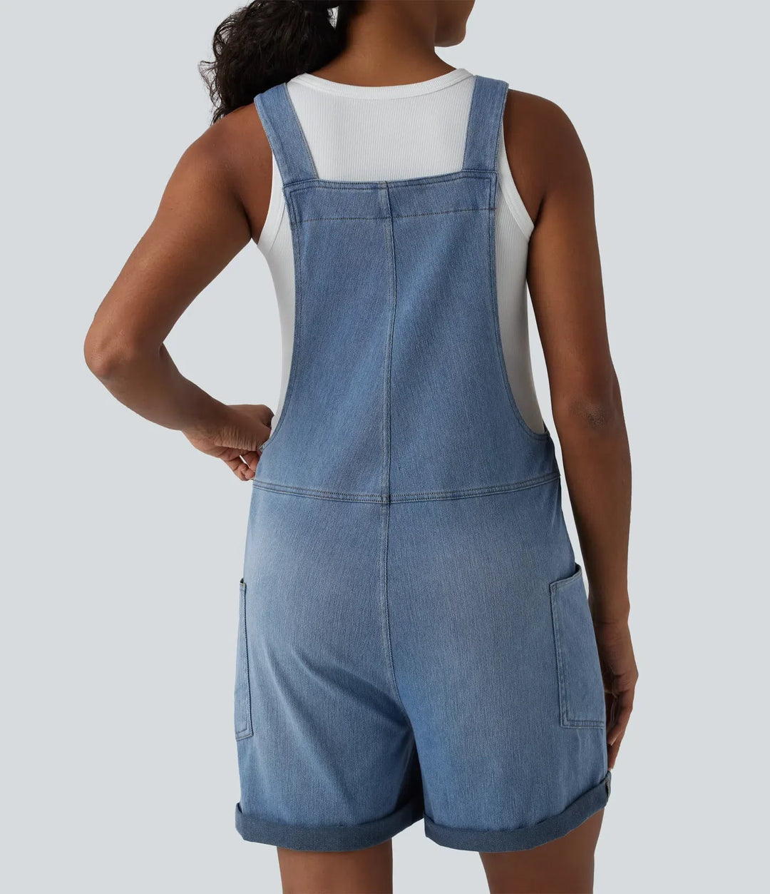 Halara Flex V Neck Rolled Hem Washed Denim Casual Short Overalls with Pockets