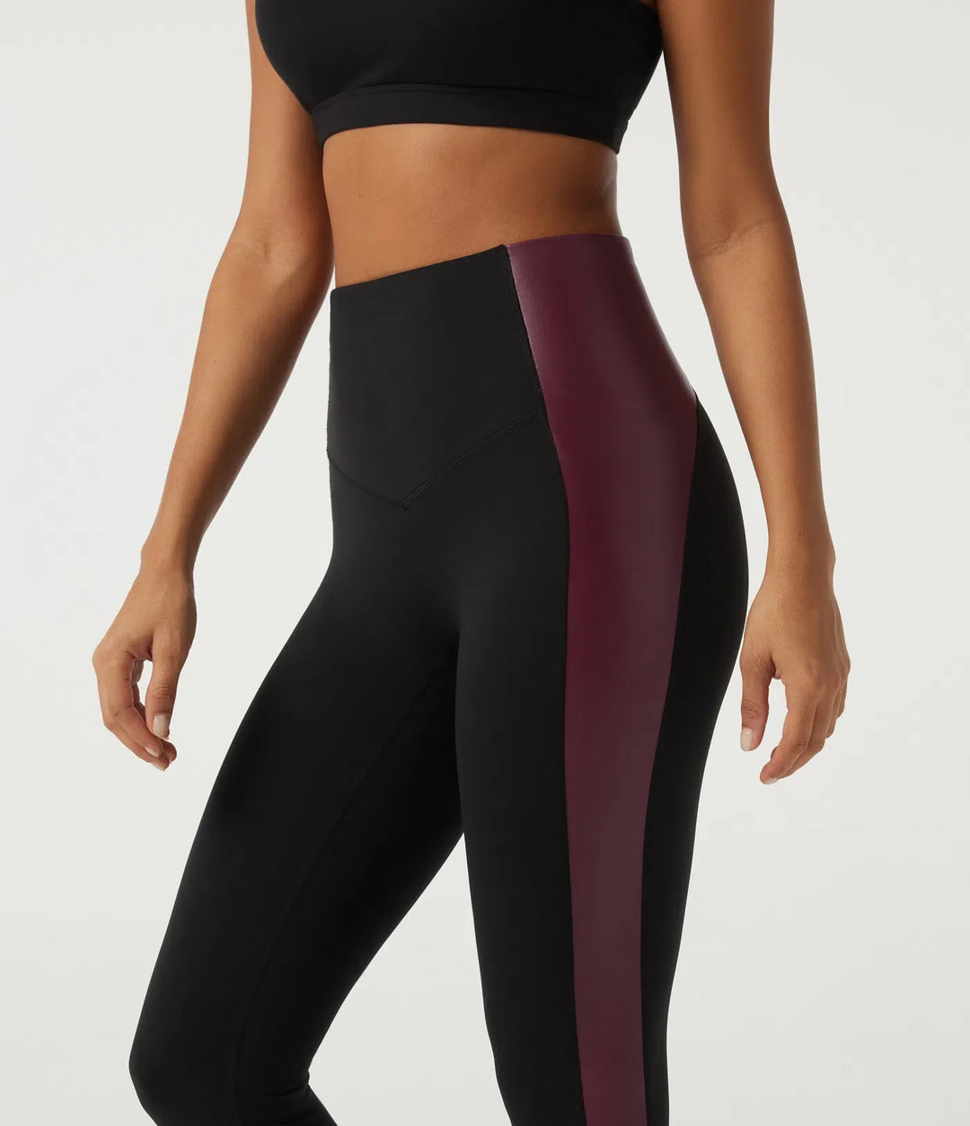 High Waisted Tummy Control Color Block Stretchy PU Yoga Leggings with Pocket