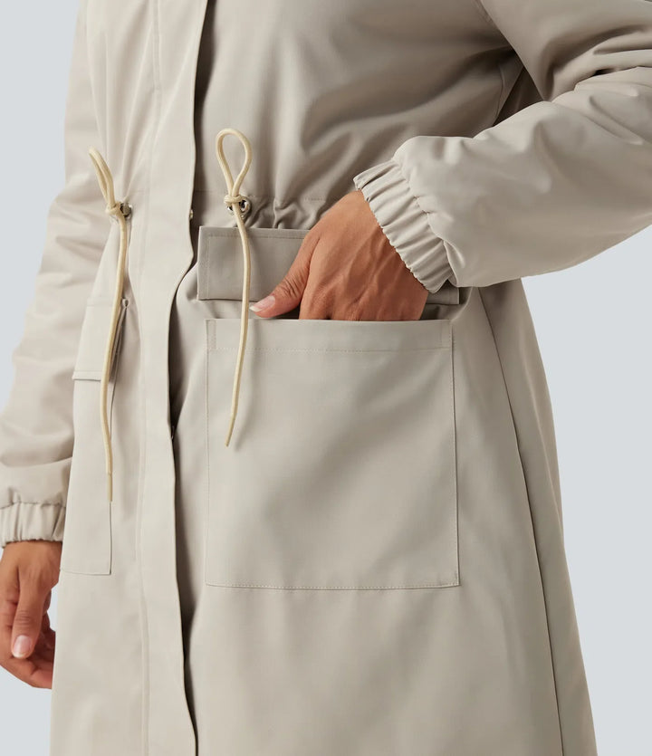 Hooded Long Sleeve Drawstring Longline Fleece Casual Parka Coat with Pockets