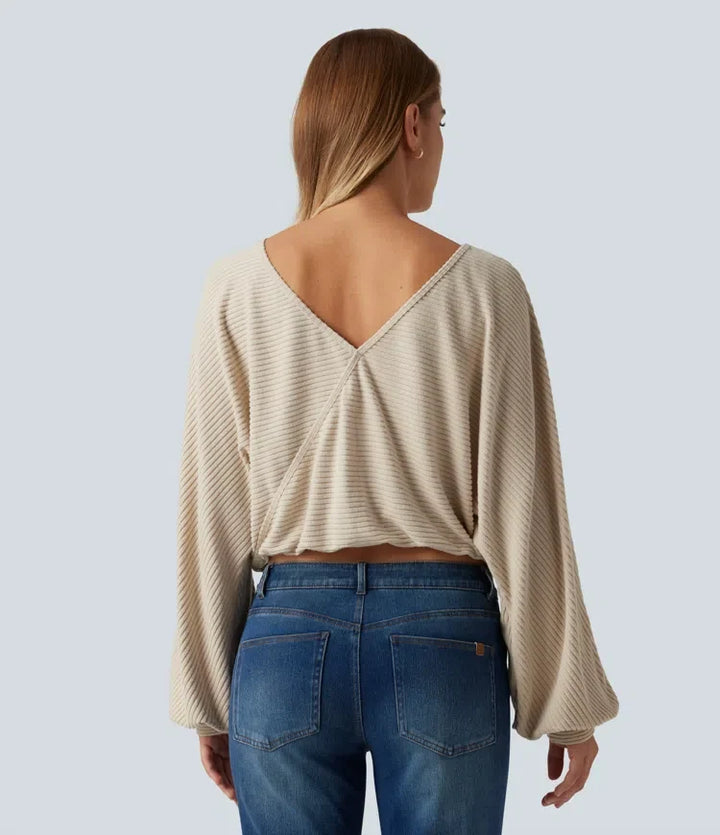 Ribbed Knit Boat Neck Long Sleeve V Back Casual Top