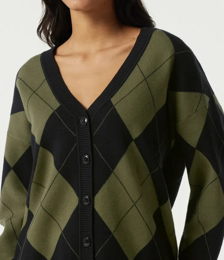 V Neck Long Sleeve Diamond Check Casual Cardigan