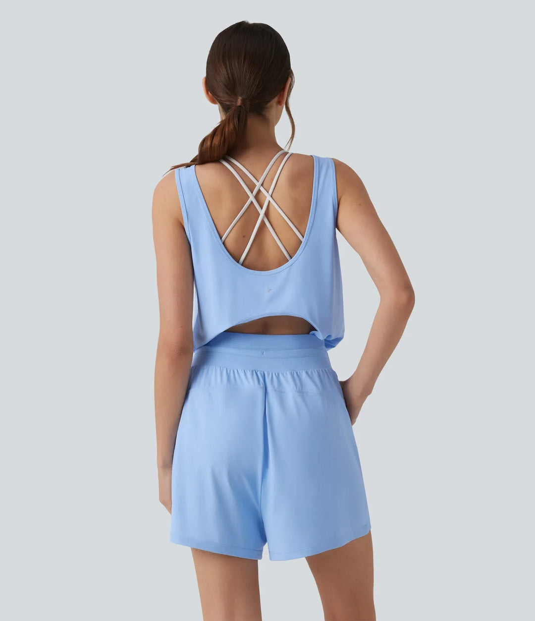 Round Neck Cut Out Drawstring InstantCool Yoga Romper with Pockets-UPF50+