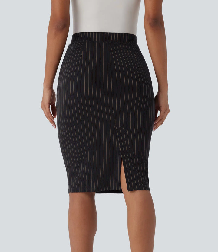 High Waisted Side Pocket Split Hem  Stripe Bodycon Work Skirt