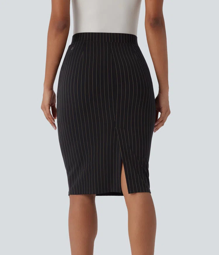 High Waisted Side Pocket Split Hem  Stripe Bodycon Work Skirt