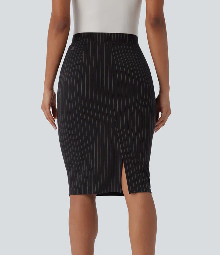 High Waisted Side Pocket Split Hem  Stripe Bodycon Work Skirt