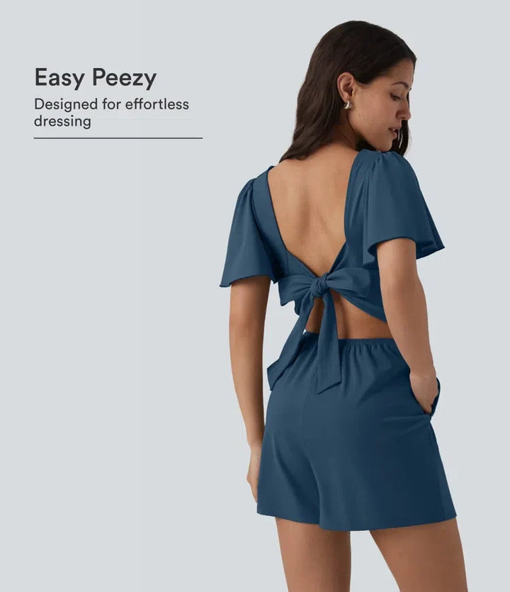 SoftlyZero Airy Flounce Short Sleeve Tie Back InstantCool Casual Romper with Pockets-Easy Peezy Edition