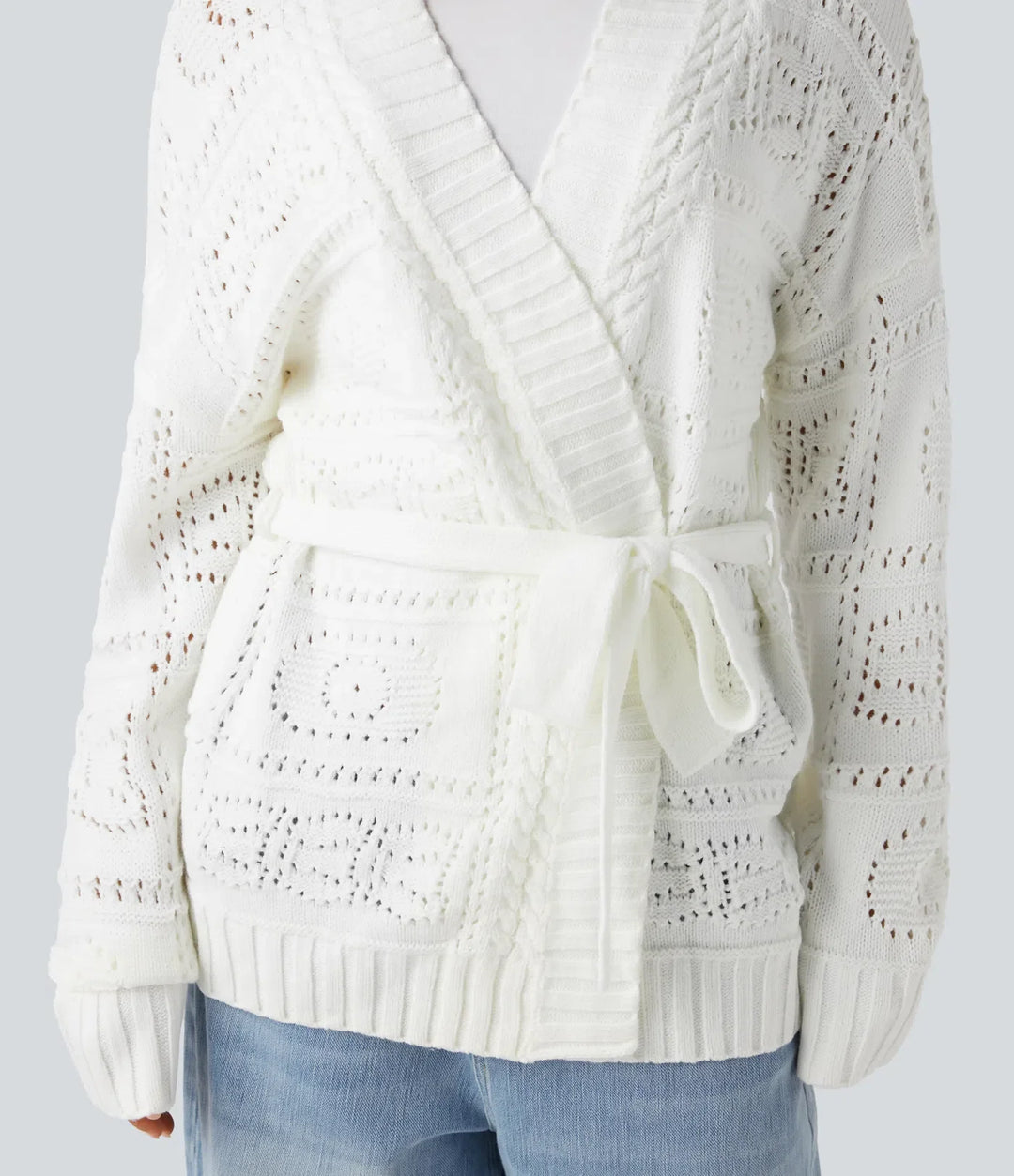 Open Front Long Sleeve Belted Jumper Knit Casual Cardigan