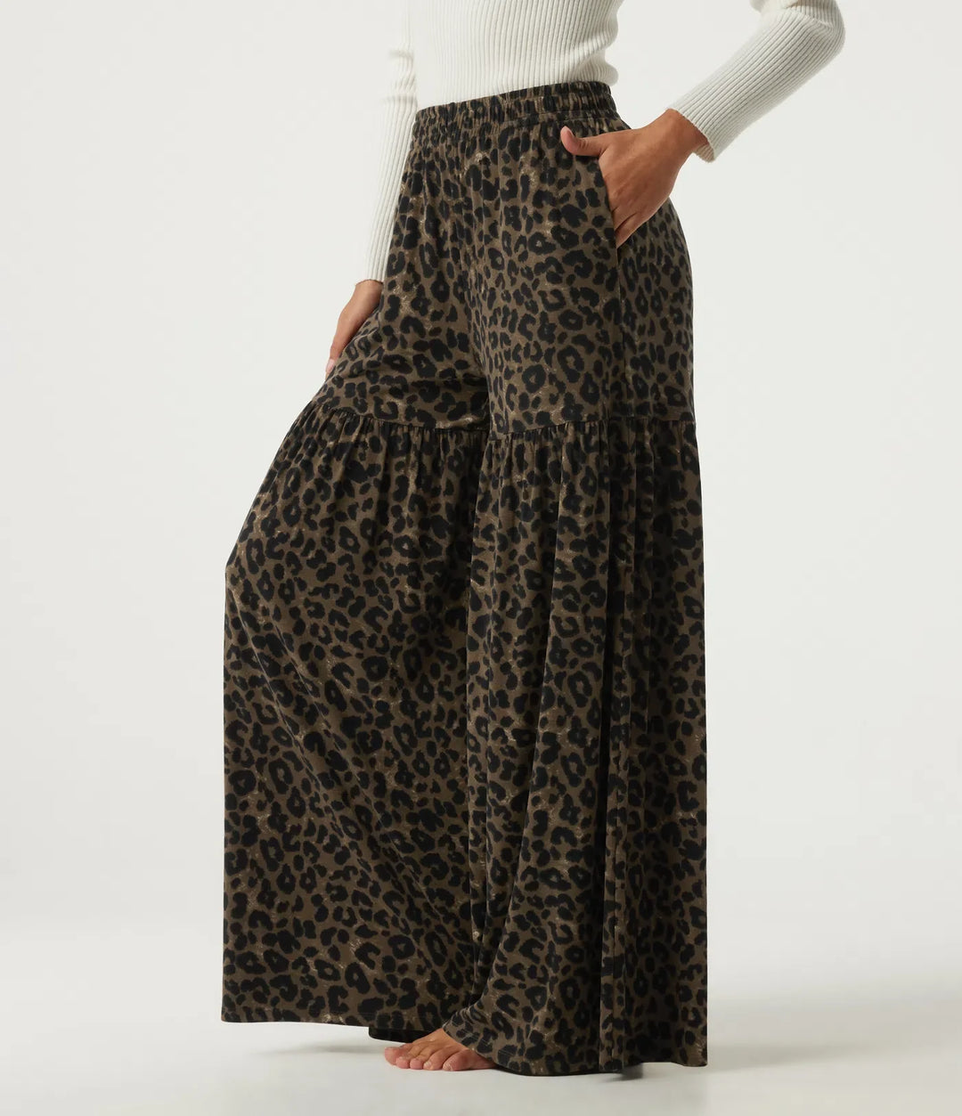 High Waisted Leopard Print Baggy Casual Trousers with Pockets