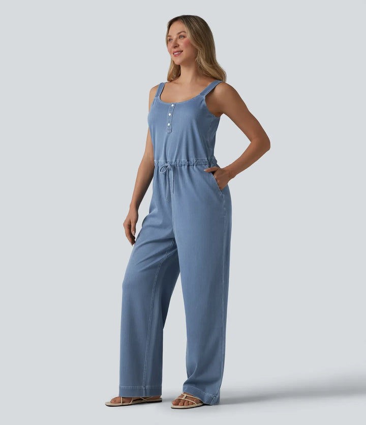 Halara Flex Drawstring Straight Leg Denim Casual Jumpsuit with Pockets