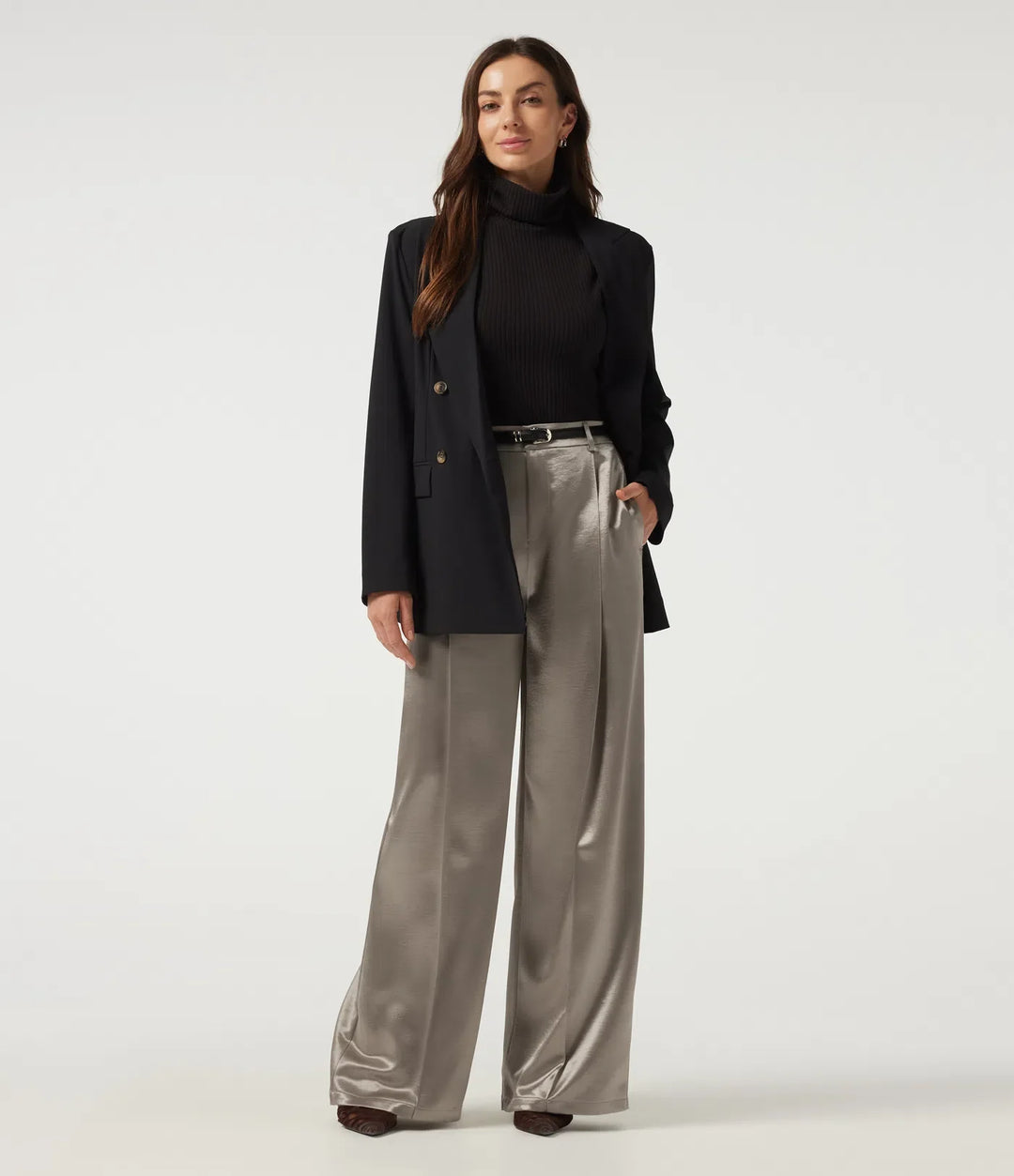 High Waisted Straight Leg Satin Work Trousers with Pockets