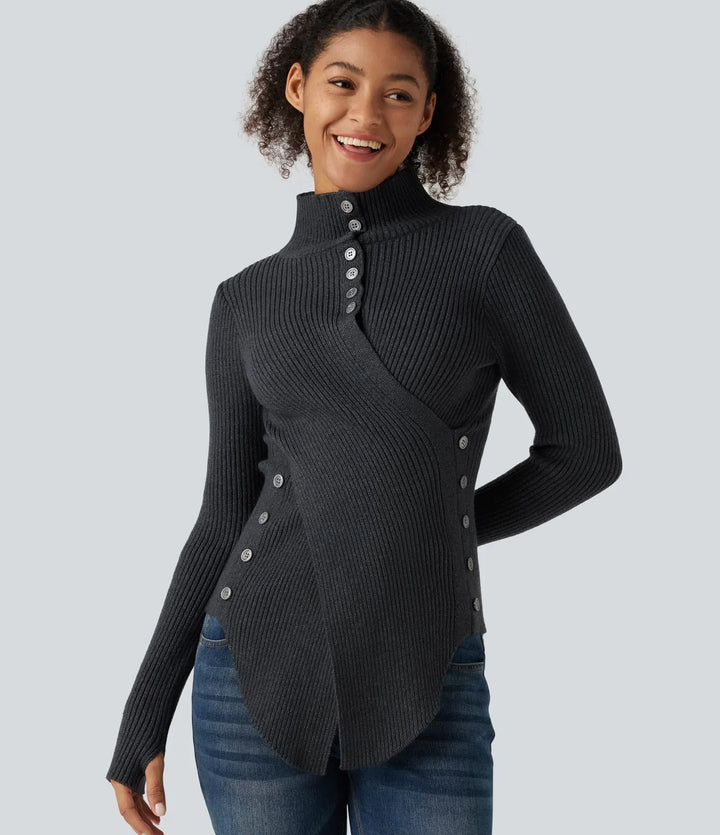 Ribbed Knit High Neck Long Sleeve Thumb Hole Crossover Hem Slim Work Jumper