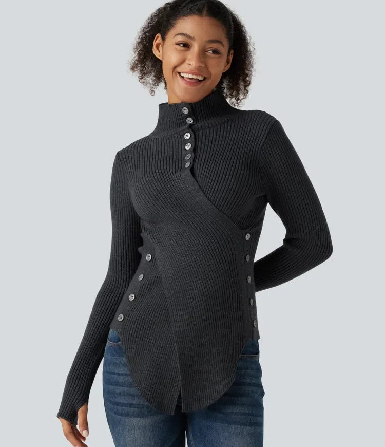 Ribbed Knit High Neck Long Sleeve Thumb Hole Crossover Hem Slim Work Jumper