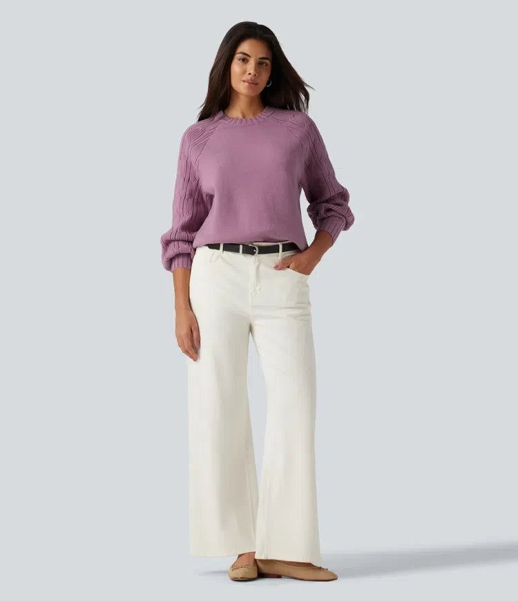 Round Neck Long Sleeve Slit Hem Casual Jumper
