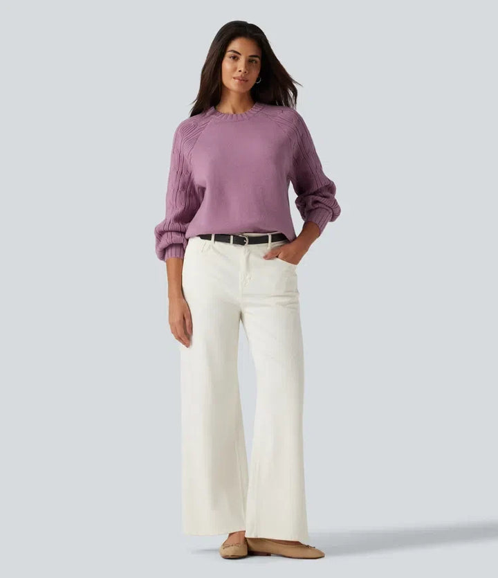 Round Neck Long Sleeve Slit Hem Casual Jumper