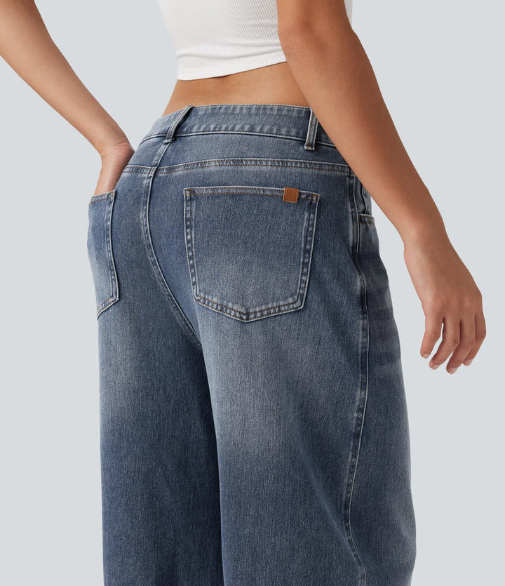 Halara Flex Low Rise Zipper Pockets Barrel Leg Casual Jeans