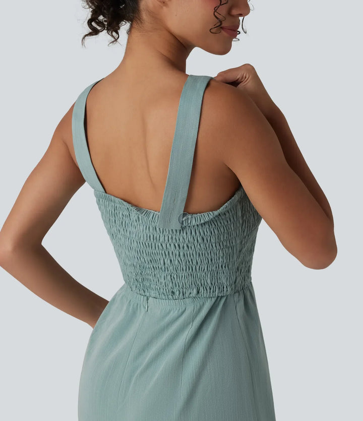 Square Neck Shirred Linen-Feel Jumpsuit-Easy Peezy Edition
