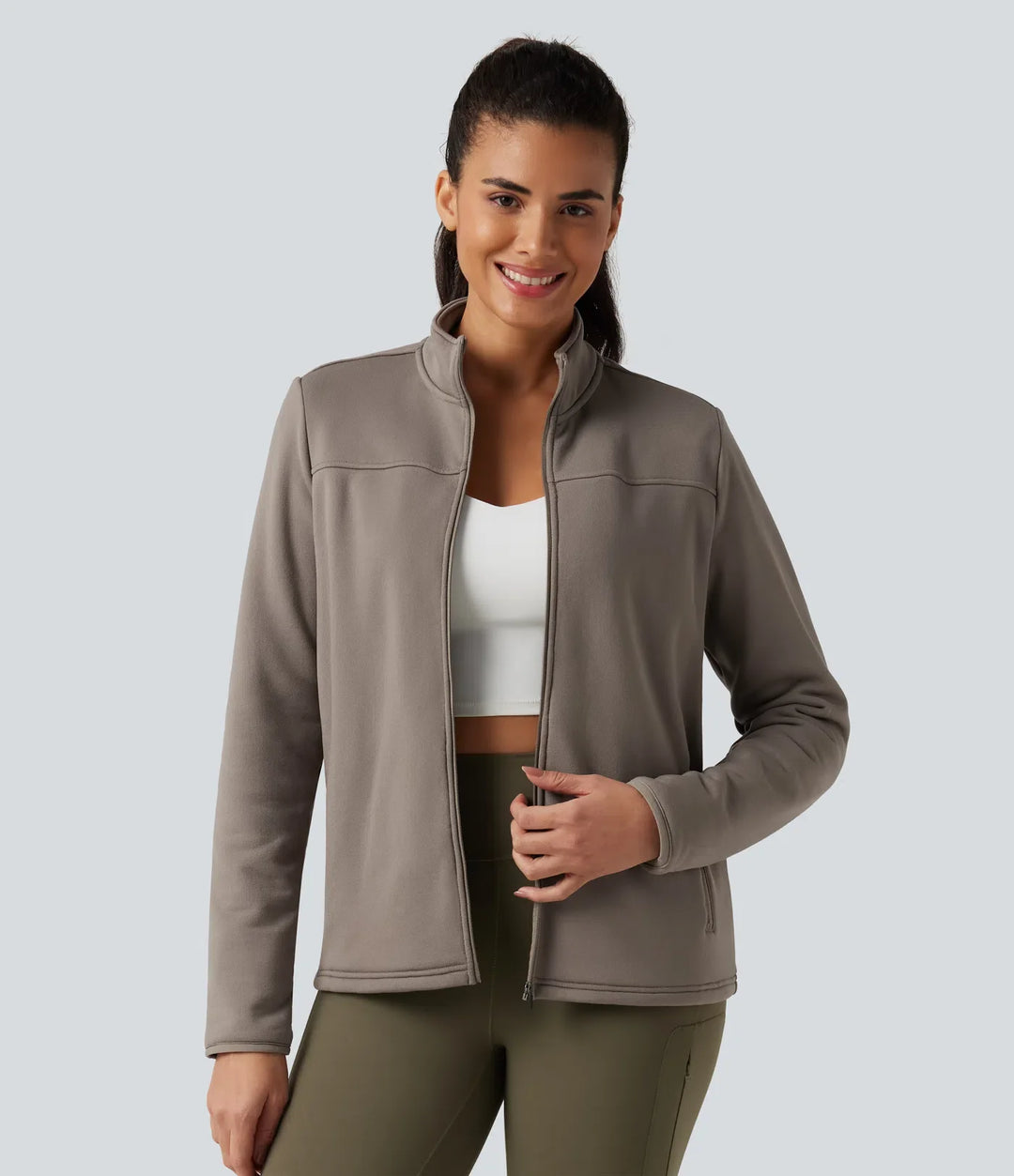 Stand Collar Long Sleeve Zip Fly Fleece Hiking Jacket with Pockets