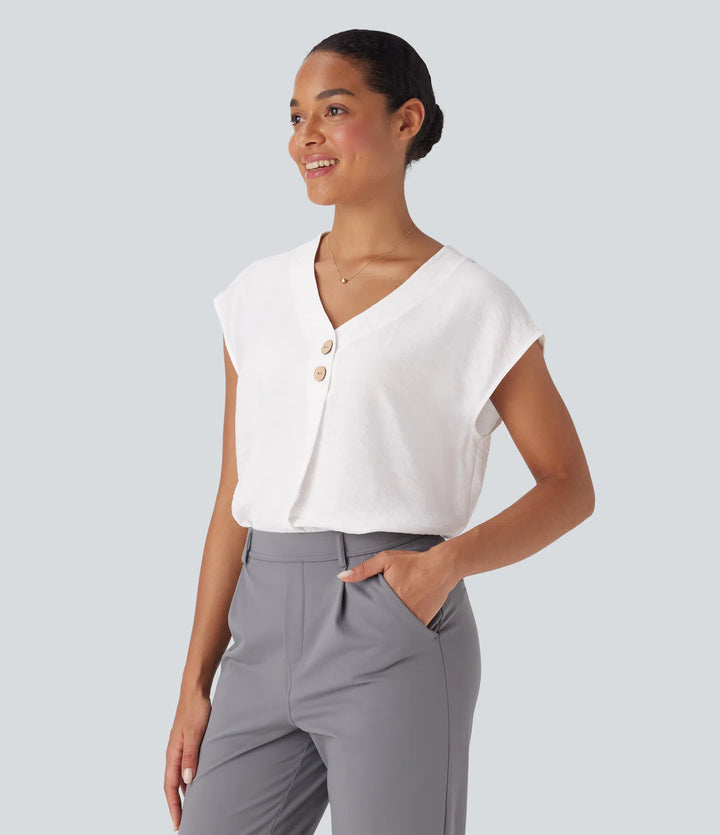 V Neck Cap Sleeve Decorative Button Work Blouse