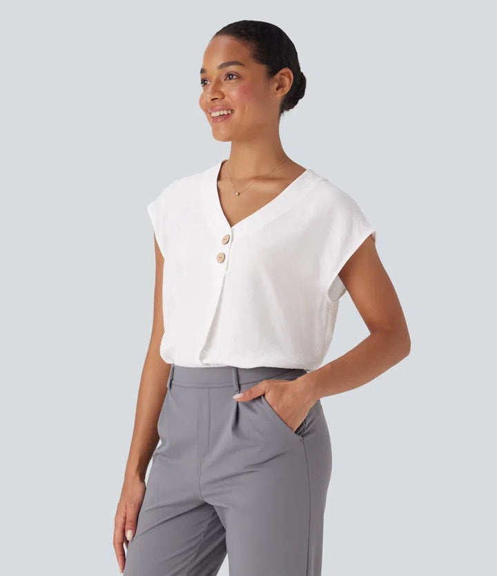 V Neck Cap Sleeve Decorative Button Work Blouse