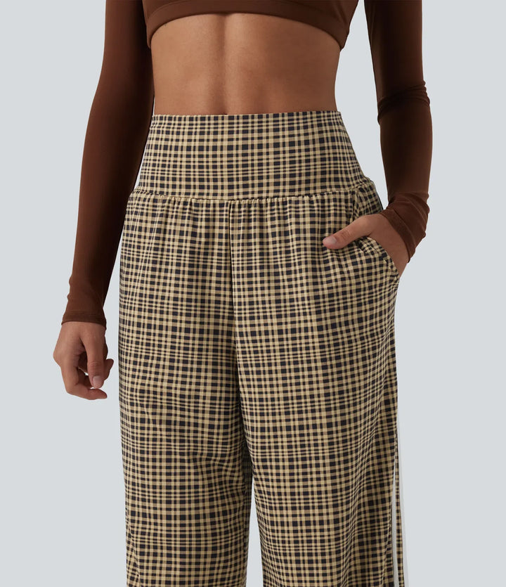 High Waisted Tummy Control Plaid Wide Leg Running Trousers with Pockets