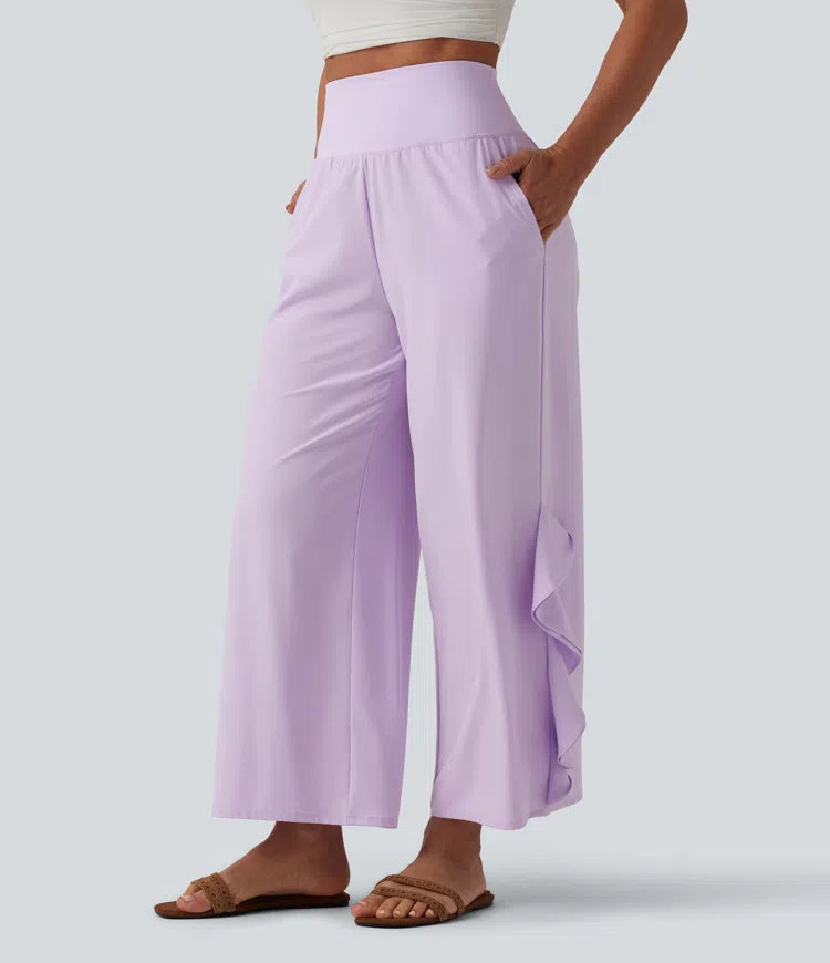 Breezeful High Waisted Ruffle Wide Leg Quick Dry Trousers with Pockets