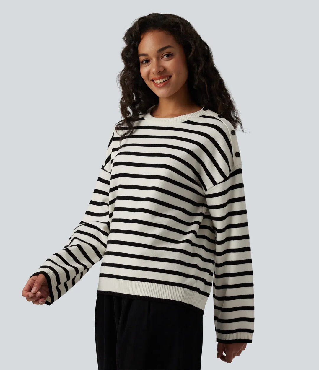 Round Neck Long Sleeve Stripe Decorative Button Casual Jumper