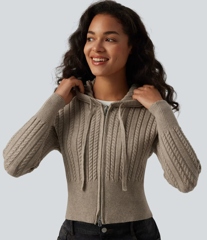 Hooded Zip Fly Cable Knit Casual Cardigan