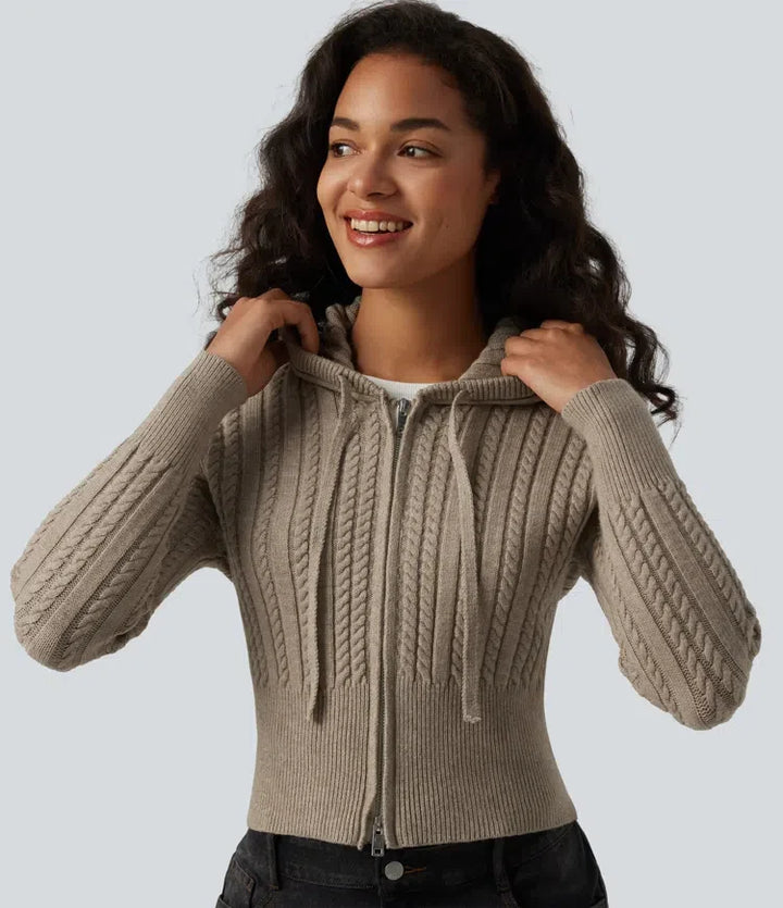 Hooded Zip Fly Cable Knit Casual Cardigan