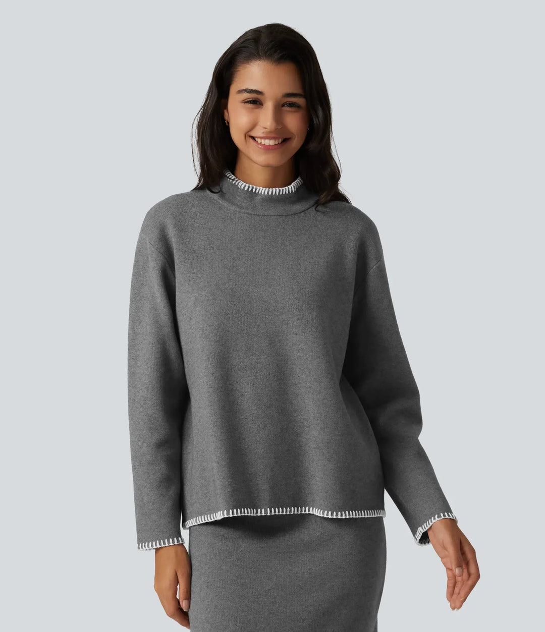 Stand Collar Long Sleeve Crochet Work Jumper