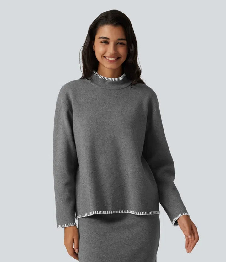 Stand Collar Long Sleeve Crochet Work Jumper