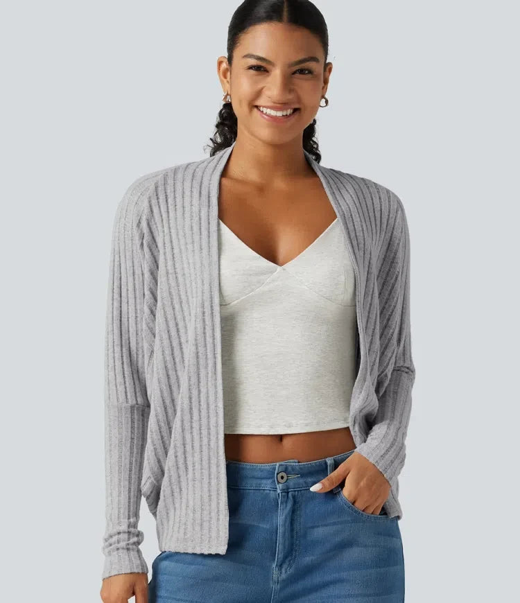 Ribbed Knit Open Front Batwing Long Sleeve Casual Cardigan