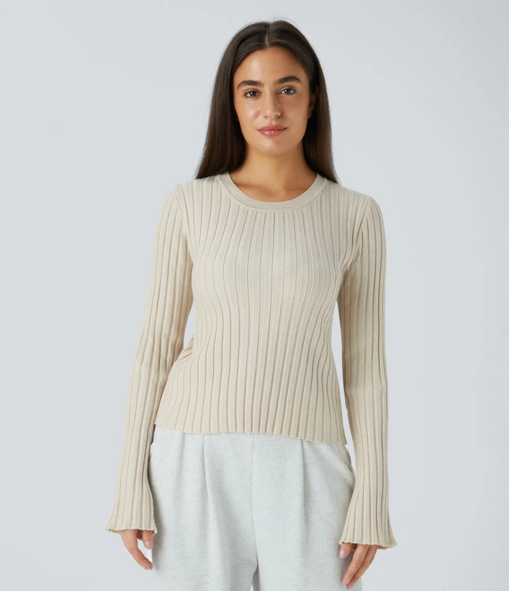 Round Neck Long Sleeve Frill Casual Jumper