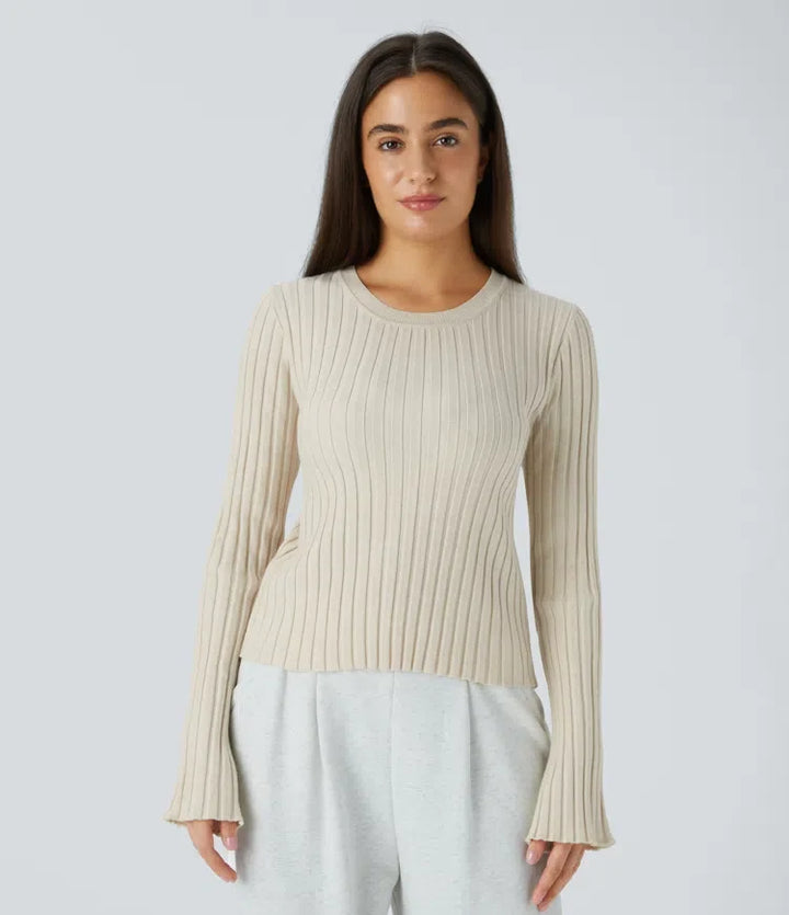 Round Neck Long Sleeve Frill Casual Jumper